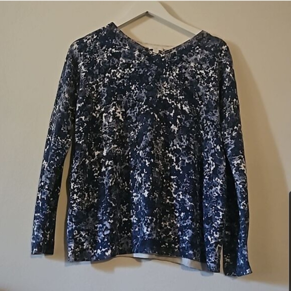 J. Jill Navy and White Abstract Long Sleeve Lightweight Cotton Blend Sweater M